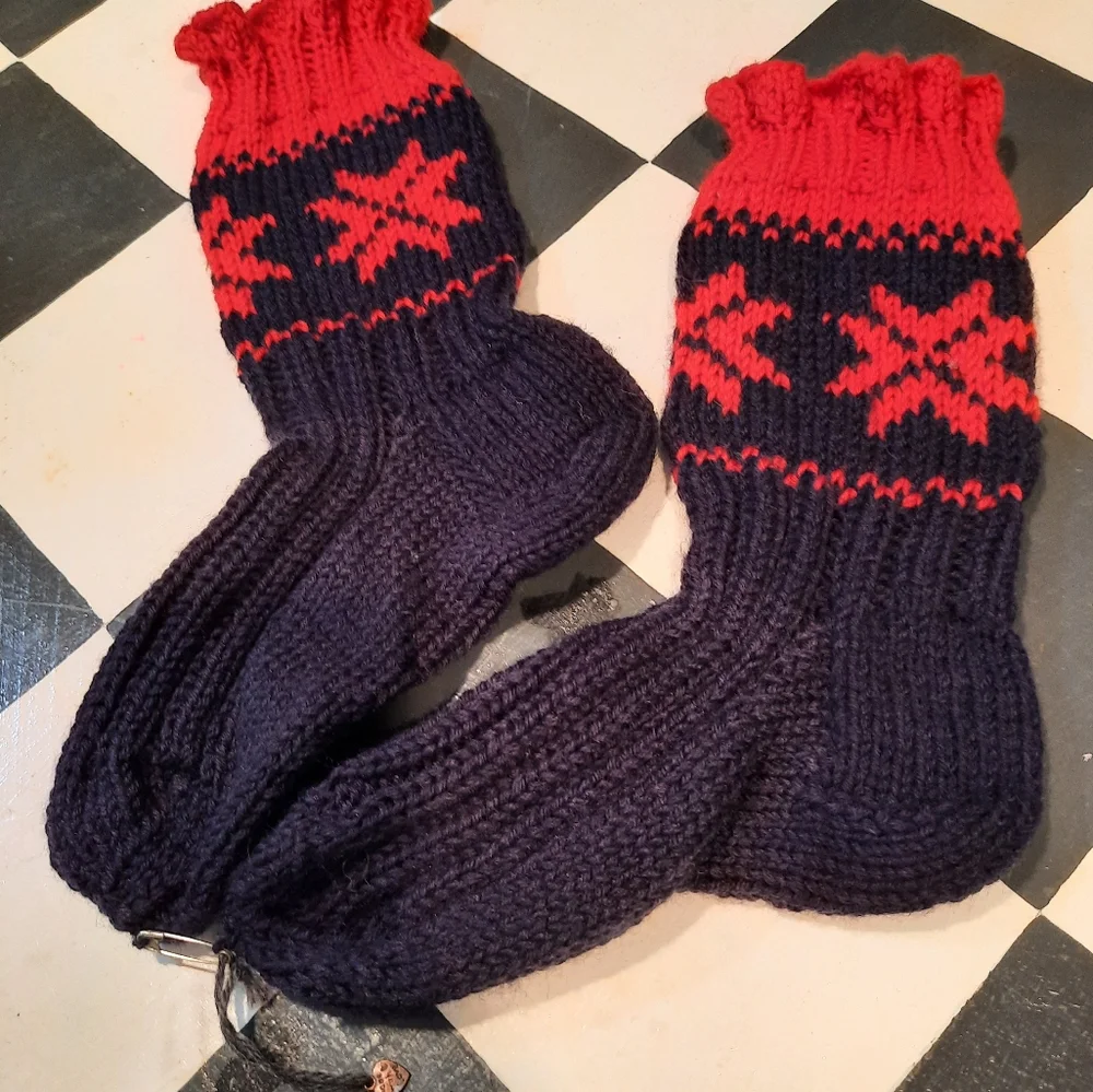 New handknit sock slippers blue red Snowflakes